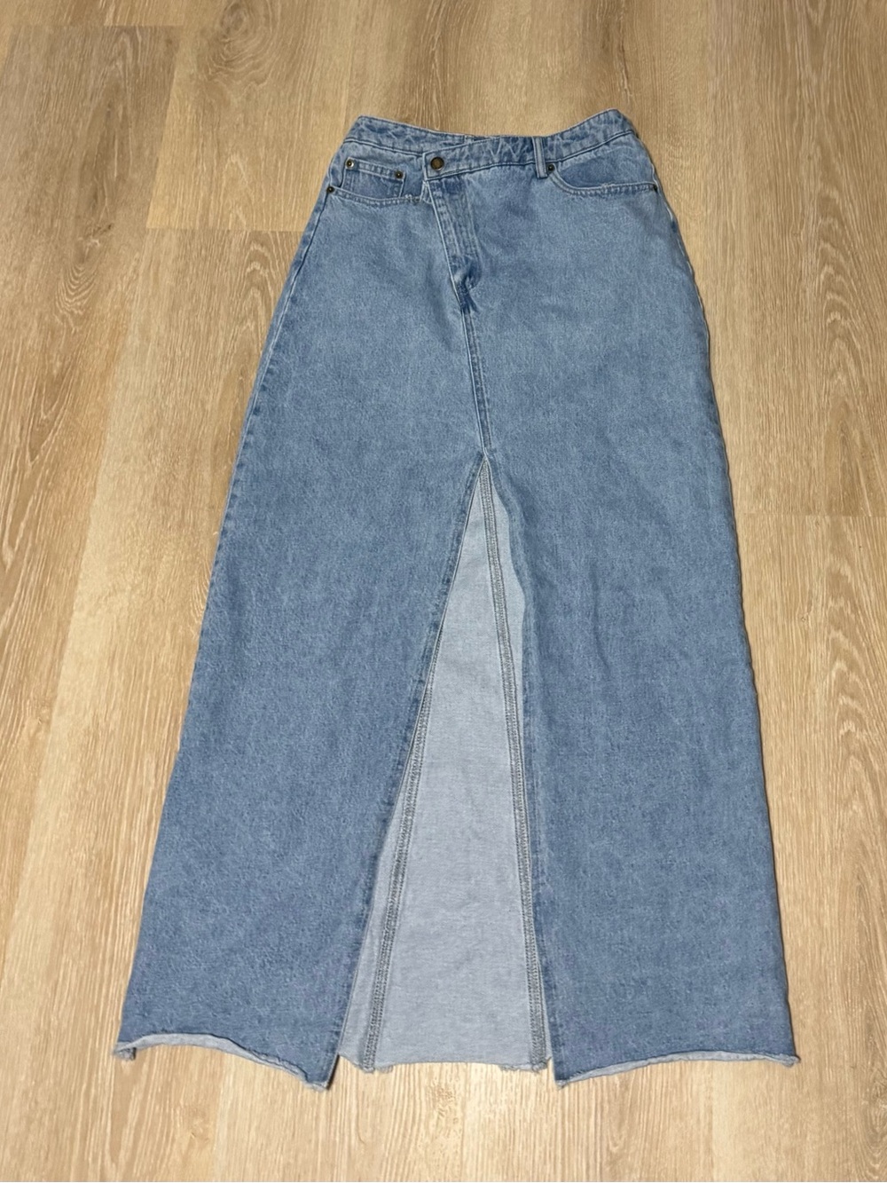 Don’t Kill My Vibe criss-cross denim maxi skirt
